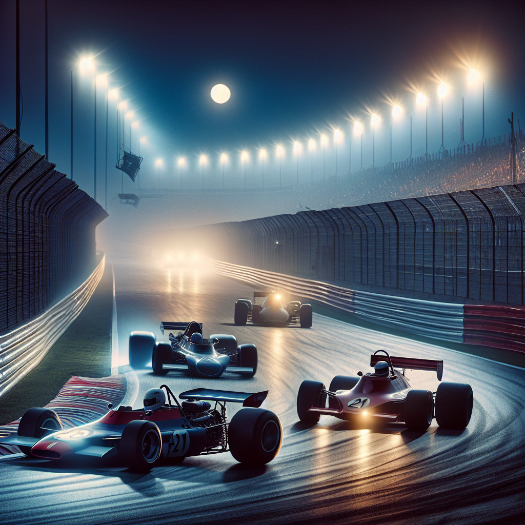 Эволюция Формулы‑1: от классики к современности на повороте при закате, вспышки искр