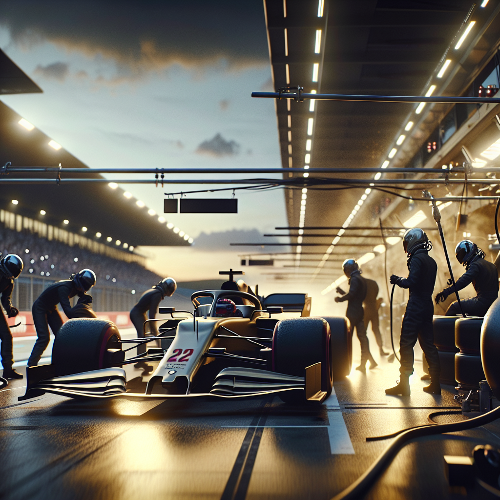 Dynamic Formula 1 pit stop at dusk with generic car and no logos