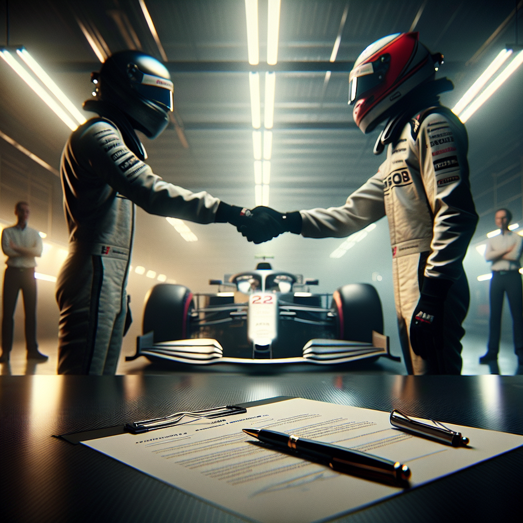 Anonymous Formula 1 drivers handshake by unbranded car symbolizes transfer rumors and deals